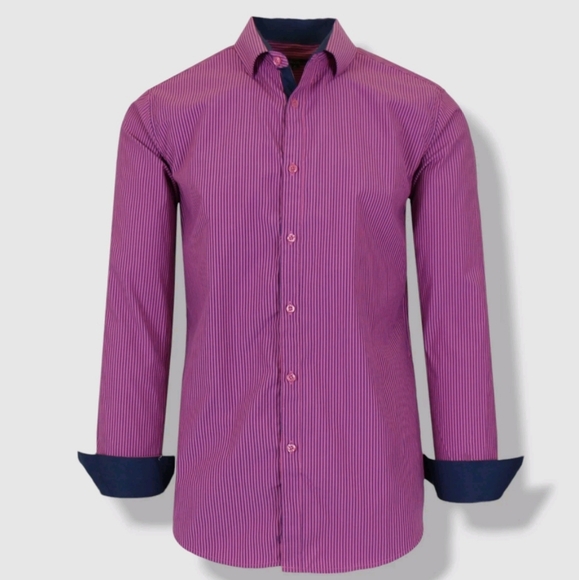 New Galaxy By Harvic Men's Pink Striped Slim Fit Shirt - Picture 1 of 8